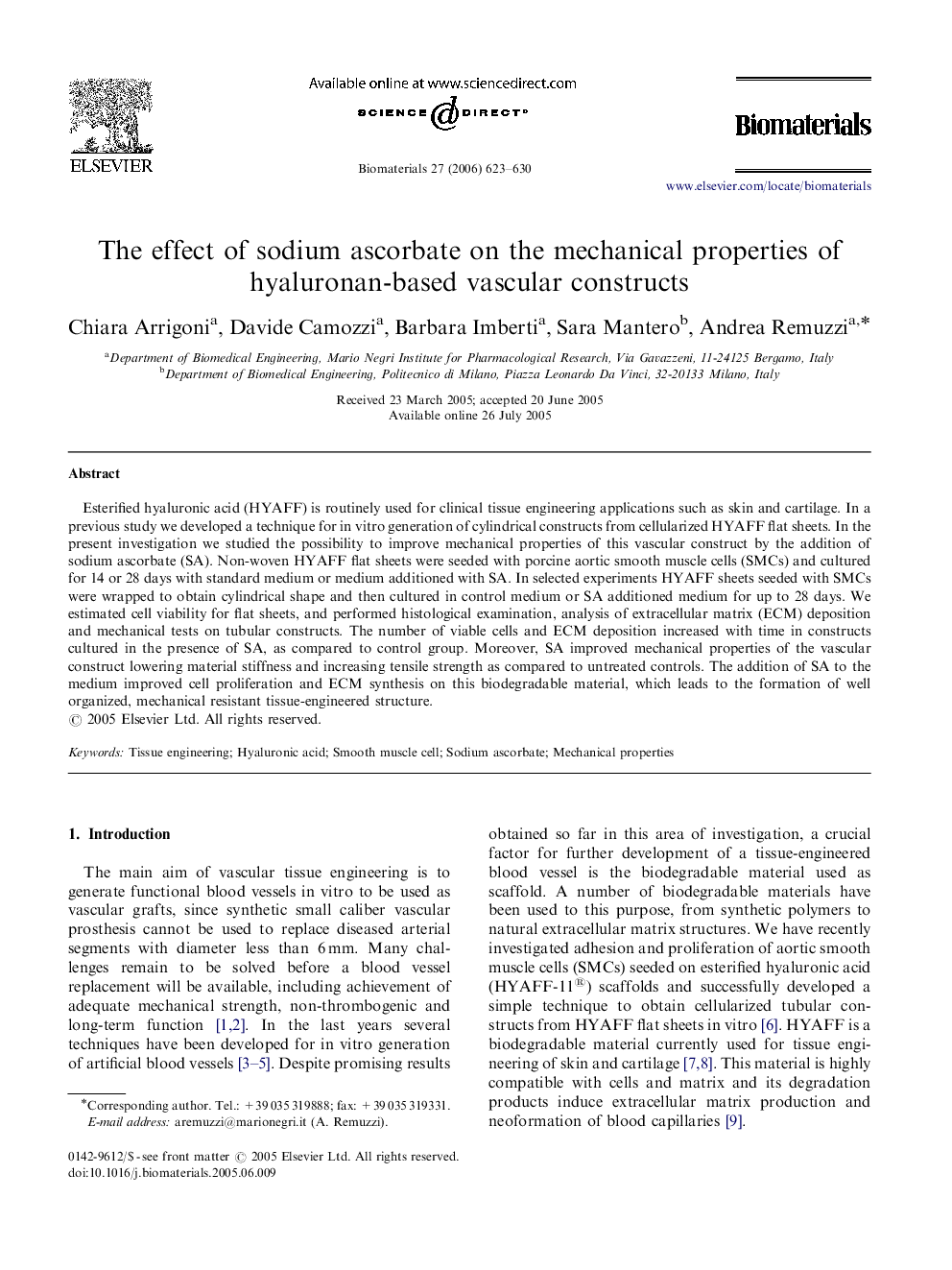 The effect of sodium ascorbate on the mechanical properties of hyaluronan-based vascular constructs