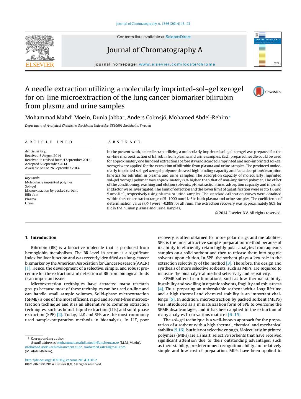 A needle extraction utilizing a molecularly imprinted-sol–gel xerogel for on-line microextraction of the lung cancer biomarker bilirubin from plasma and urine samples