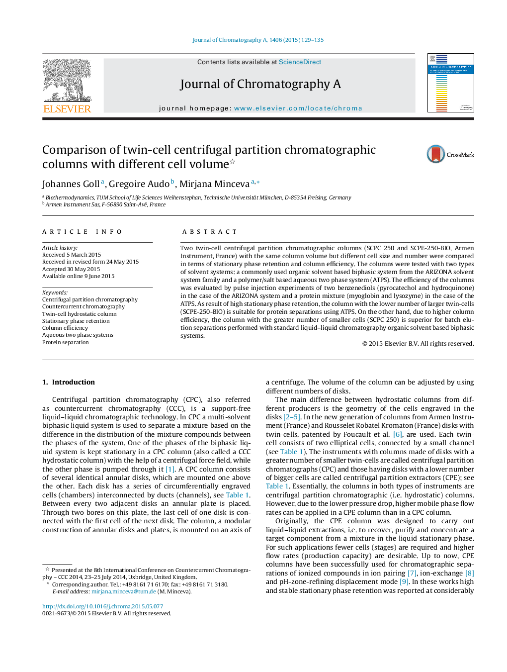 Comparison of twin-cell centrifugal partition chromatographic columns with different cell volume 