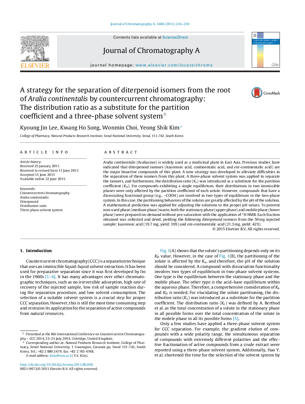 A strategy for the separation of diterpenoid isomers from the root of Aralia continentalis by countercurrent chromatography: The distribution ratio as a substitute for the partition coefficient and a three-phase solvent system 