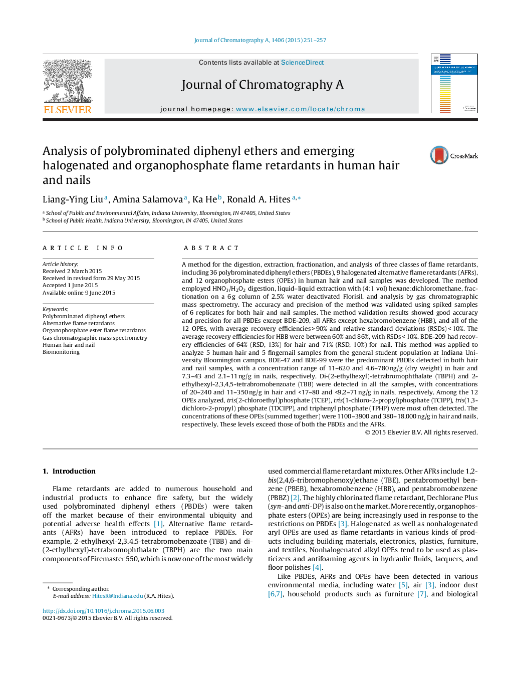 Analysis of polybrominated diphenyl ethers and emerging halogenated and organophosphate flame retardants in human hair and nails