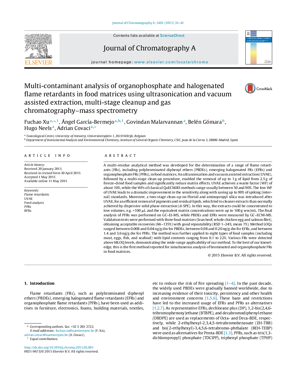 Multi-contaminant analysis of organophosphate and halogenated flame retardants in food matrices using ultrasonication and vacuum assisted extraction, multi-stage cleanup and gas chromatography–mass spectrometry