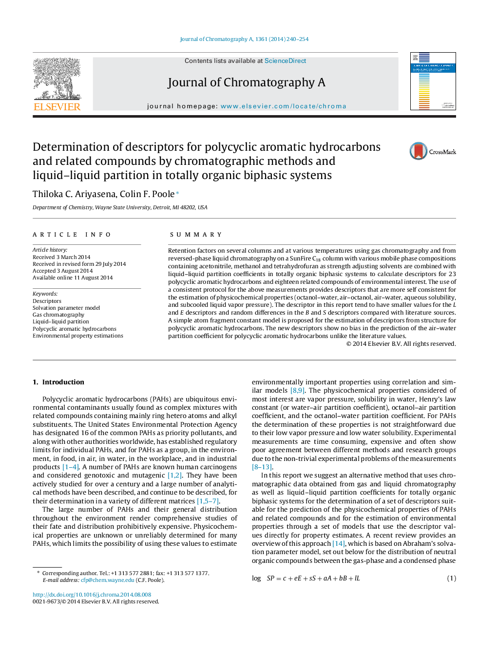 Determination of descriptors for polycyclic aromatic hydrocarbons and related compounds by chromatographic methods and liquid–liquid partition in totally organic biphasic systems