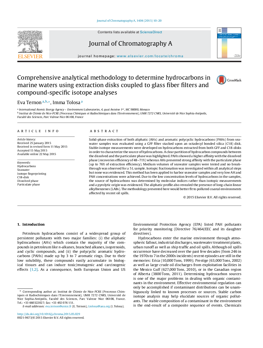 Comprehensive analytical methodology to determine hydrocarbons in marine waters using extraction disks coupled to glass fiber filters and compound-specific isotope analyses