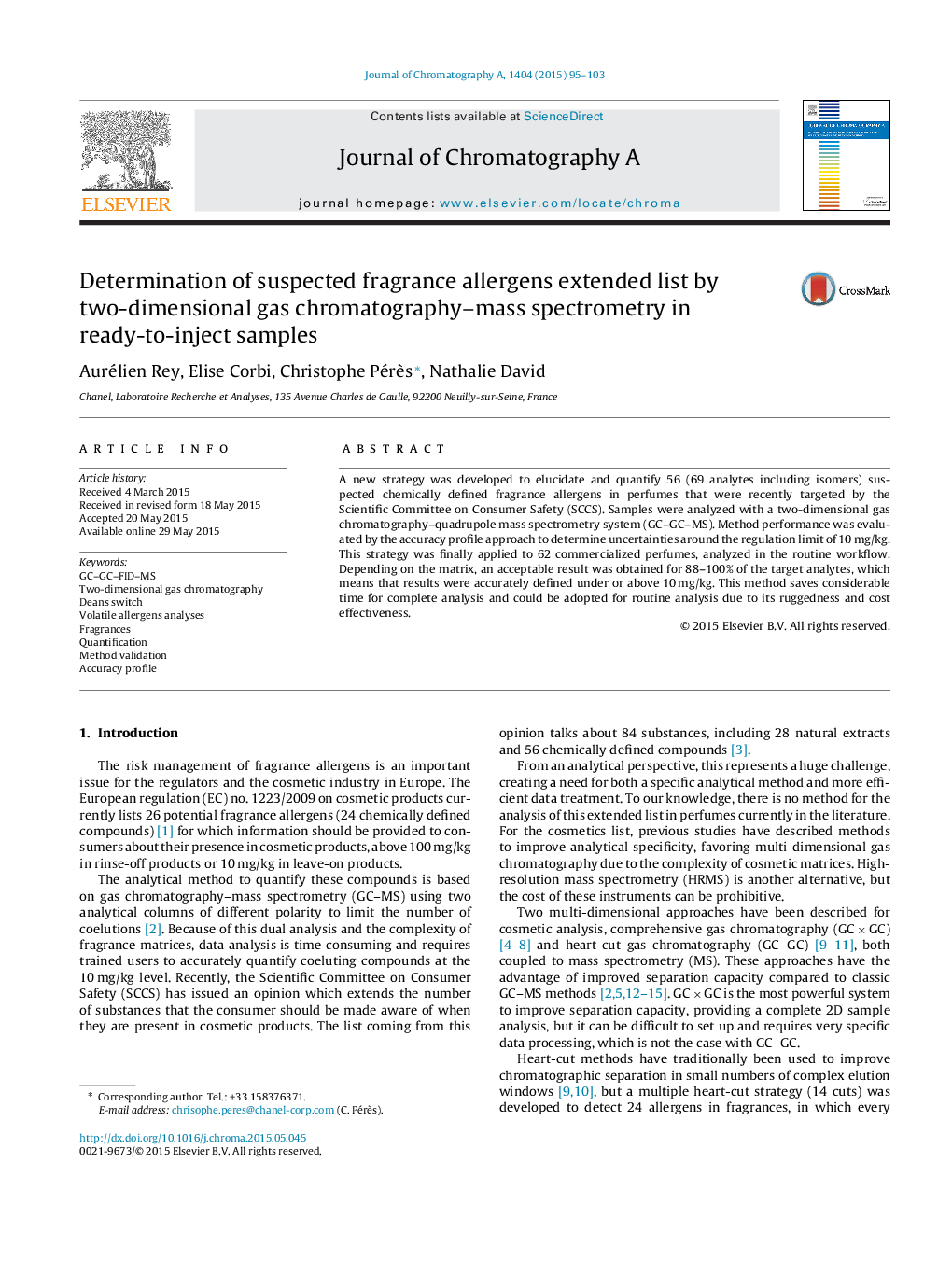 Determination of suspected fragrance allergens extended list by two-dimensional gas chromatography–mass spectrometry in ready-to-inject samples