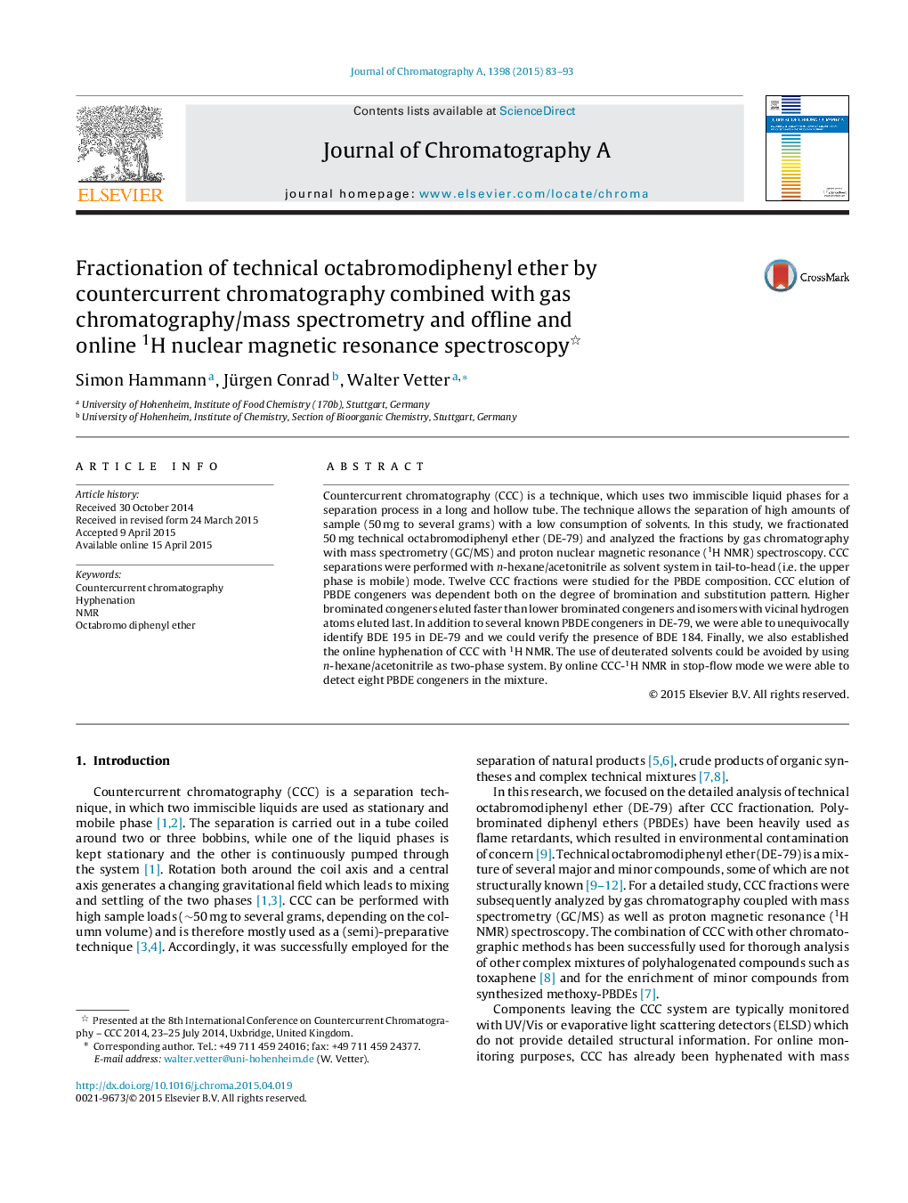 Fractionation of technical octabromodiphenyl ether by countercurrent chromatography combined with gas chromatography/mass spectrometry and offline and online 1H nuclear magnetic resonance spectroscopy 