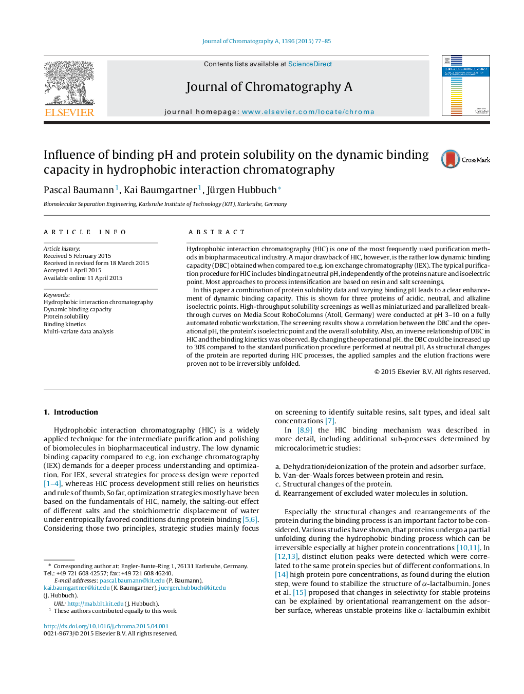 Influence of binding pH and protein solubility on the dynamic binding capacity in hydrophobic interaction chromatography