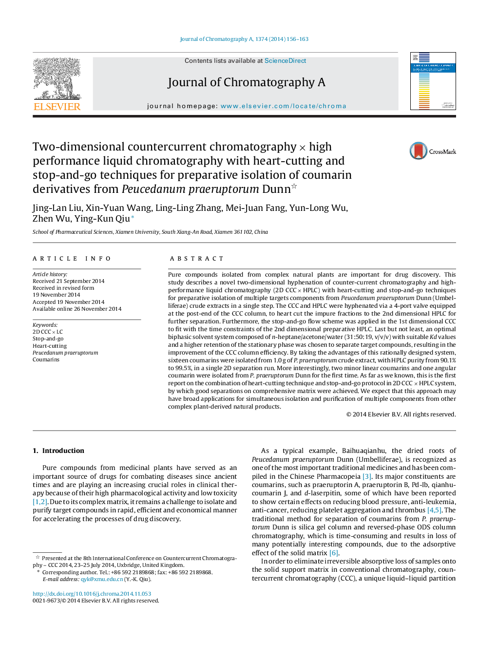 Two-dimensional countercurrent chromatography × high performance liquid chromatography with heart-cutting and stop-and-go techniques for preparative isolation of coumarin derivatives from Peucedanum praeruptorum Dunn 