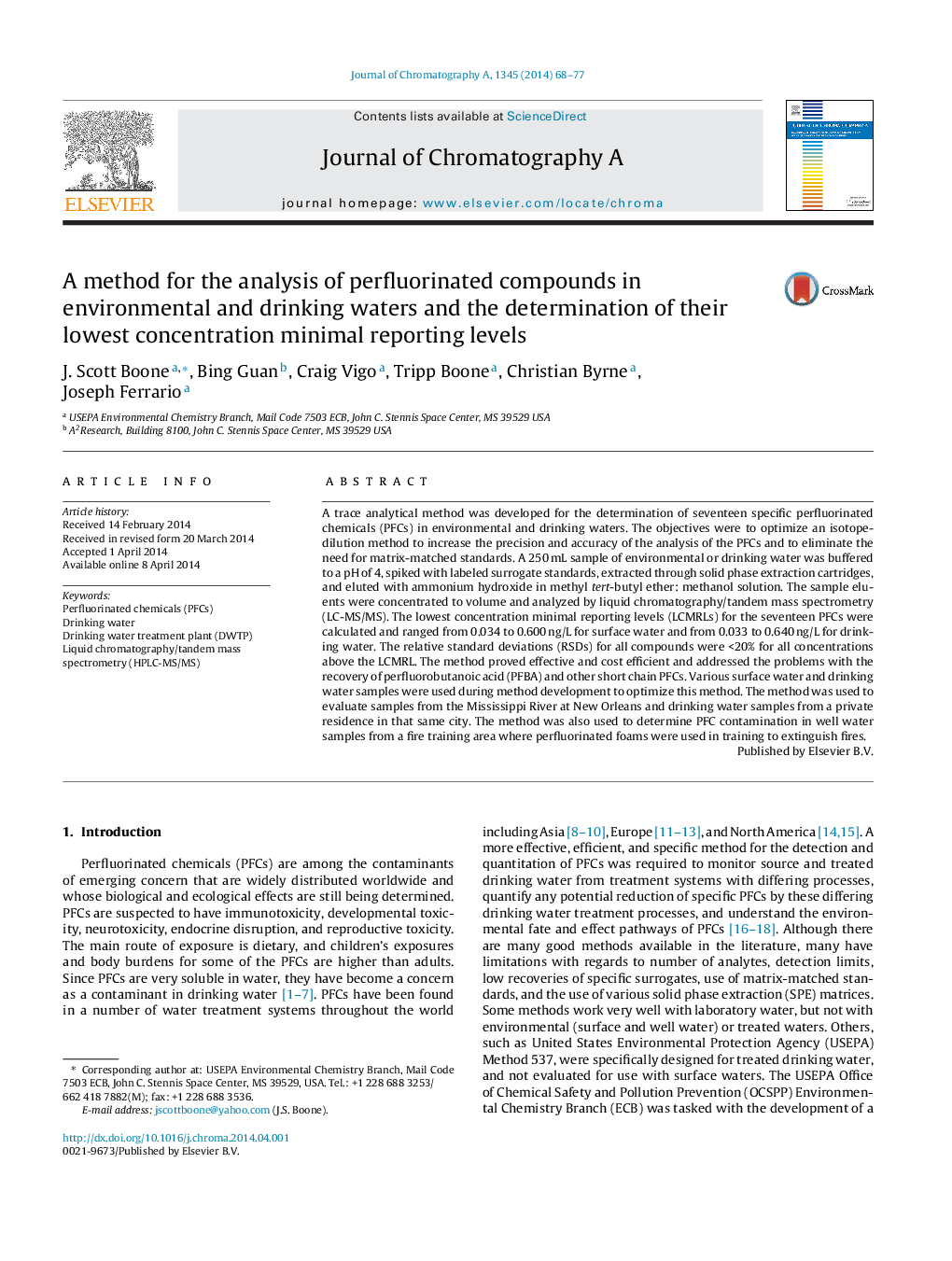 A method for the analysis of perfluorinated compounds in environmental and drinking waters and the determination of their lowest concentration minimal reporting levels