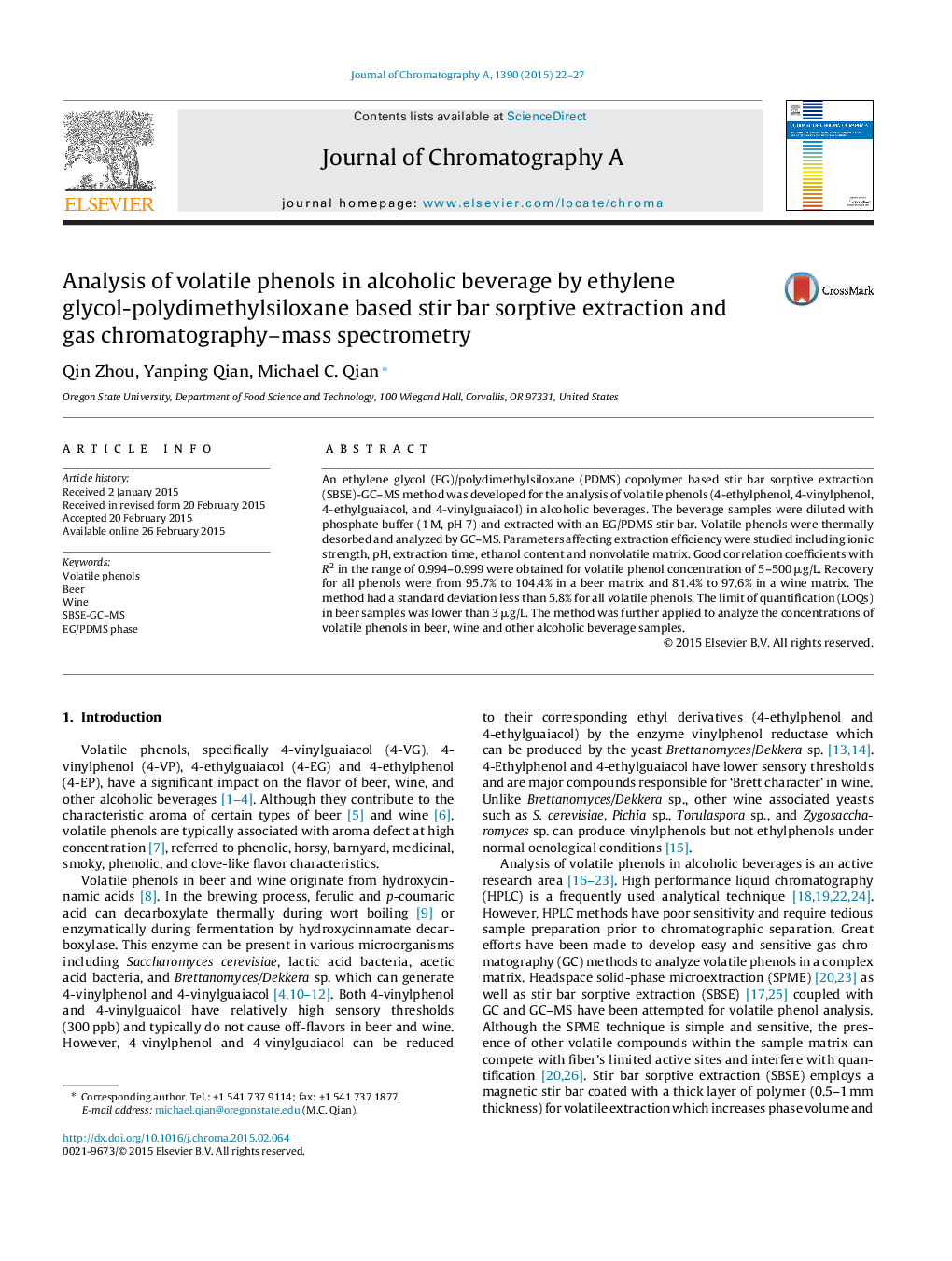 Analysis of volatile phenols in alcoholic beverage by ethylene glycol-polydimethylsiloxane based stir bar sorptive extraction and gas chromatography–mass spectrometry