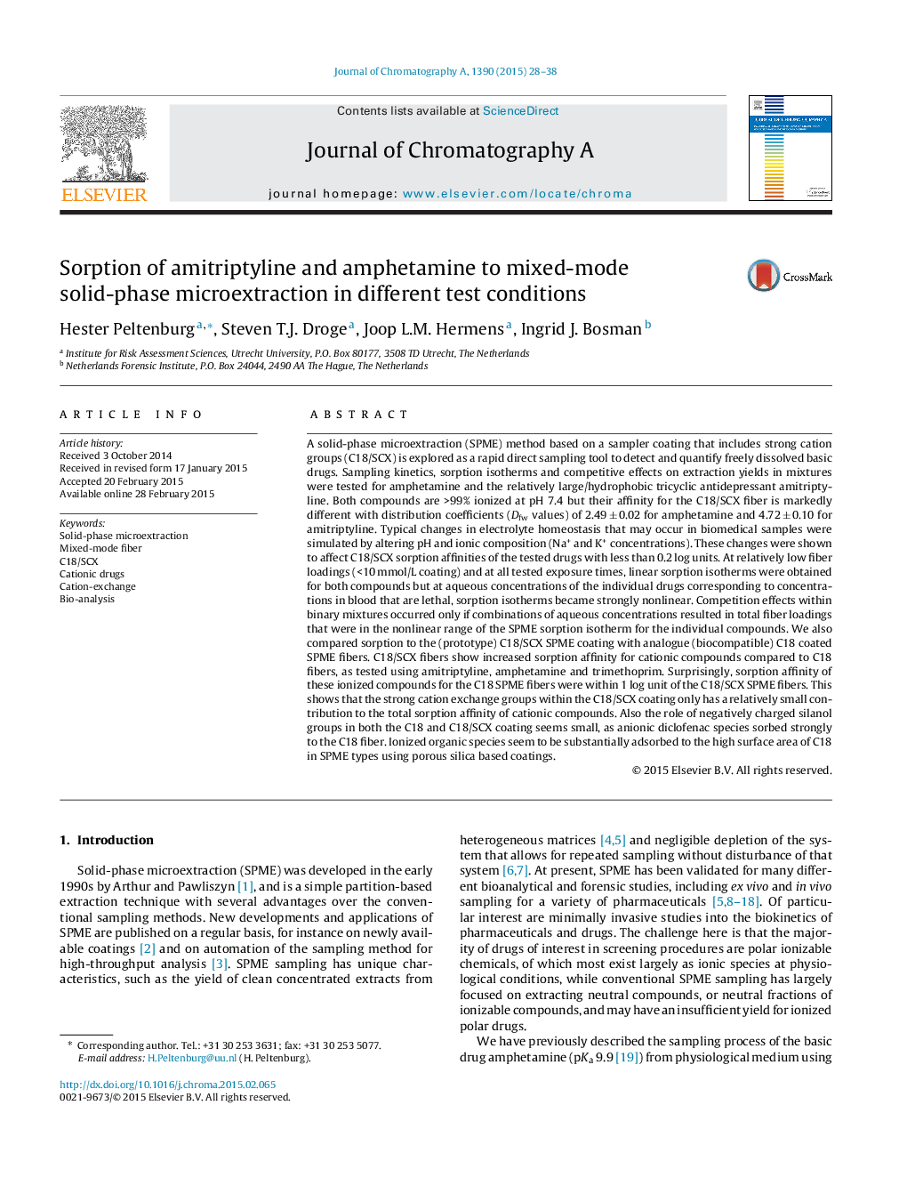 Sorption of amitriptyline and amphetamine to mixed-mode solid-phase microextraction in different test conditions