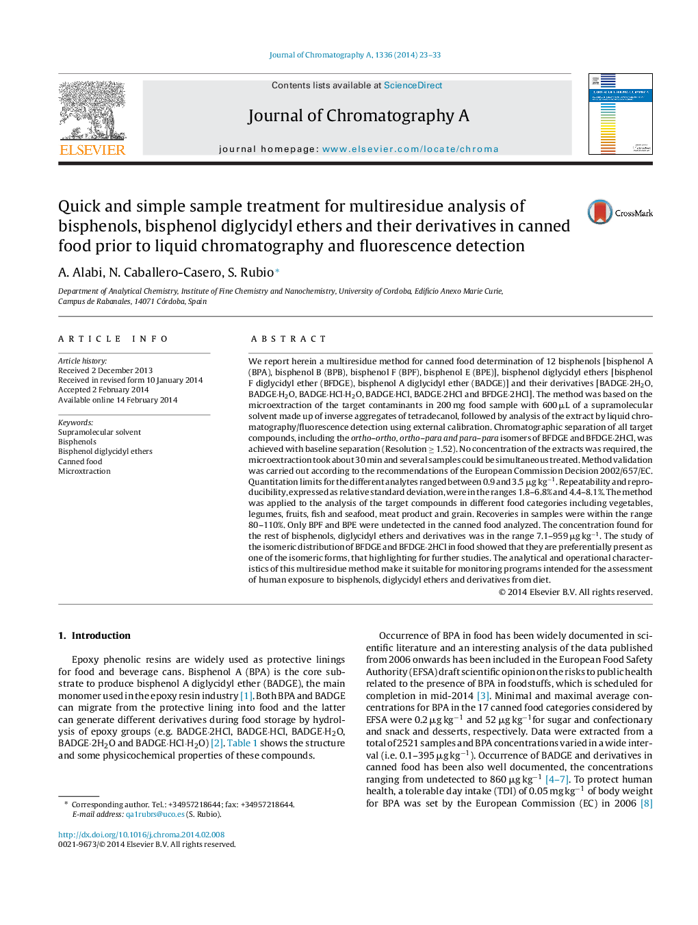 Quick and simple sample treatment for multiresidue analysis of bisphenols, bisphenol diglycidyl ethers and their derivatives in canned food prior to liquid chromatography and fluorescence detection