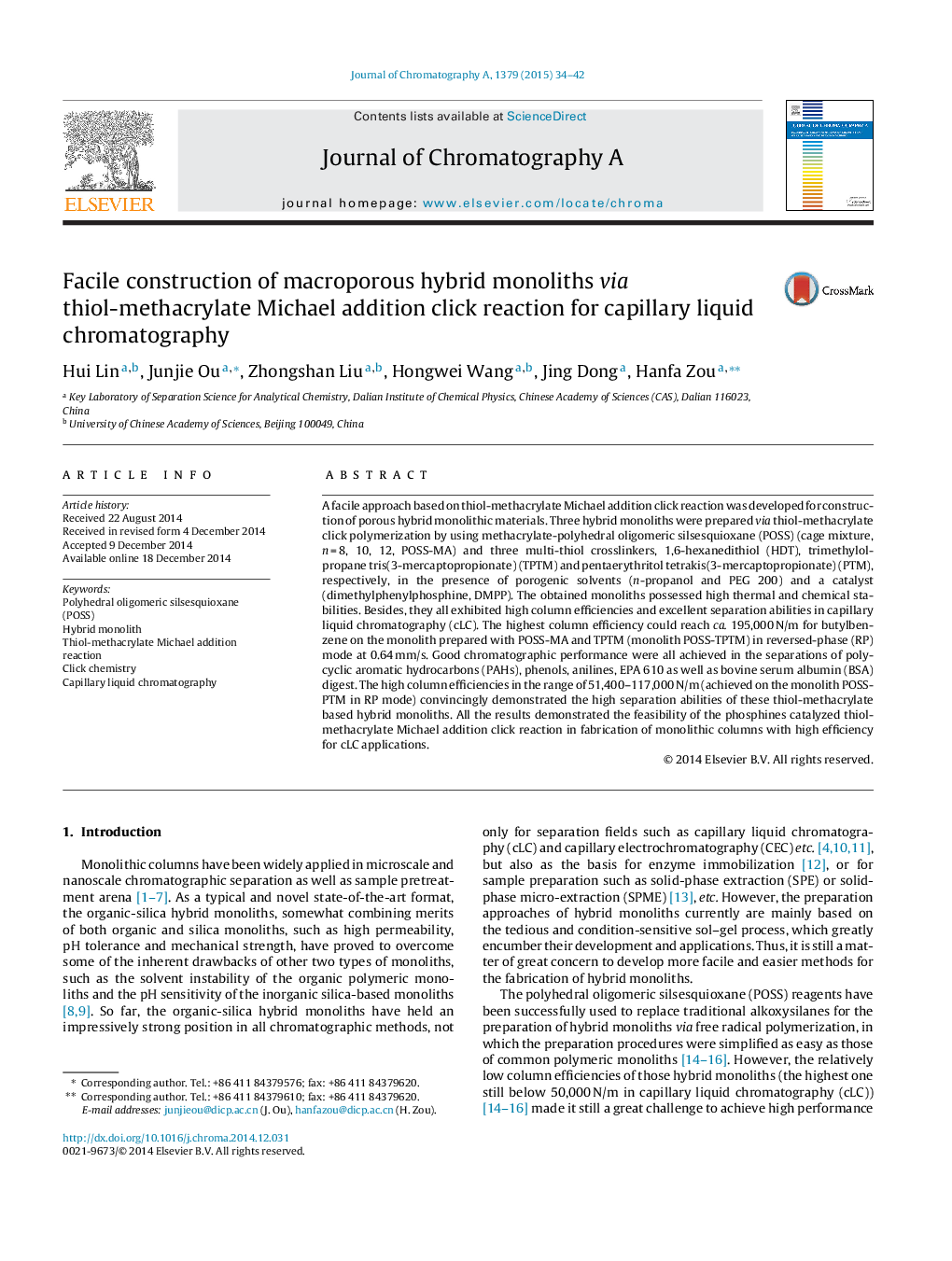 Facile construction of macroporous hybrid monoliths via thiol-methacrylate Michael addition click reaction for capillary liquid chromatography