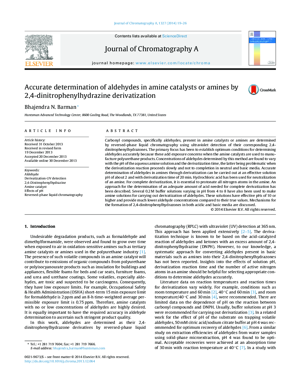 Accurate determination of aldehydes in amine catalysts or amines by 2,4-dinitrophenylhydrazine derivatization