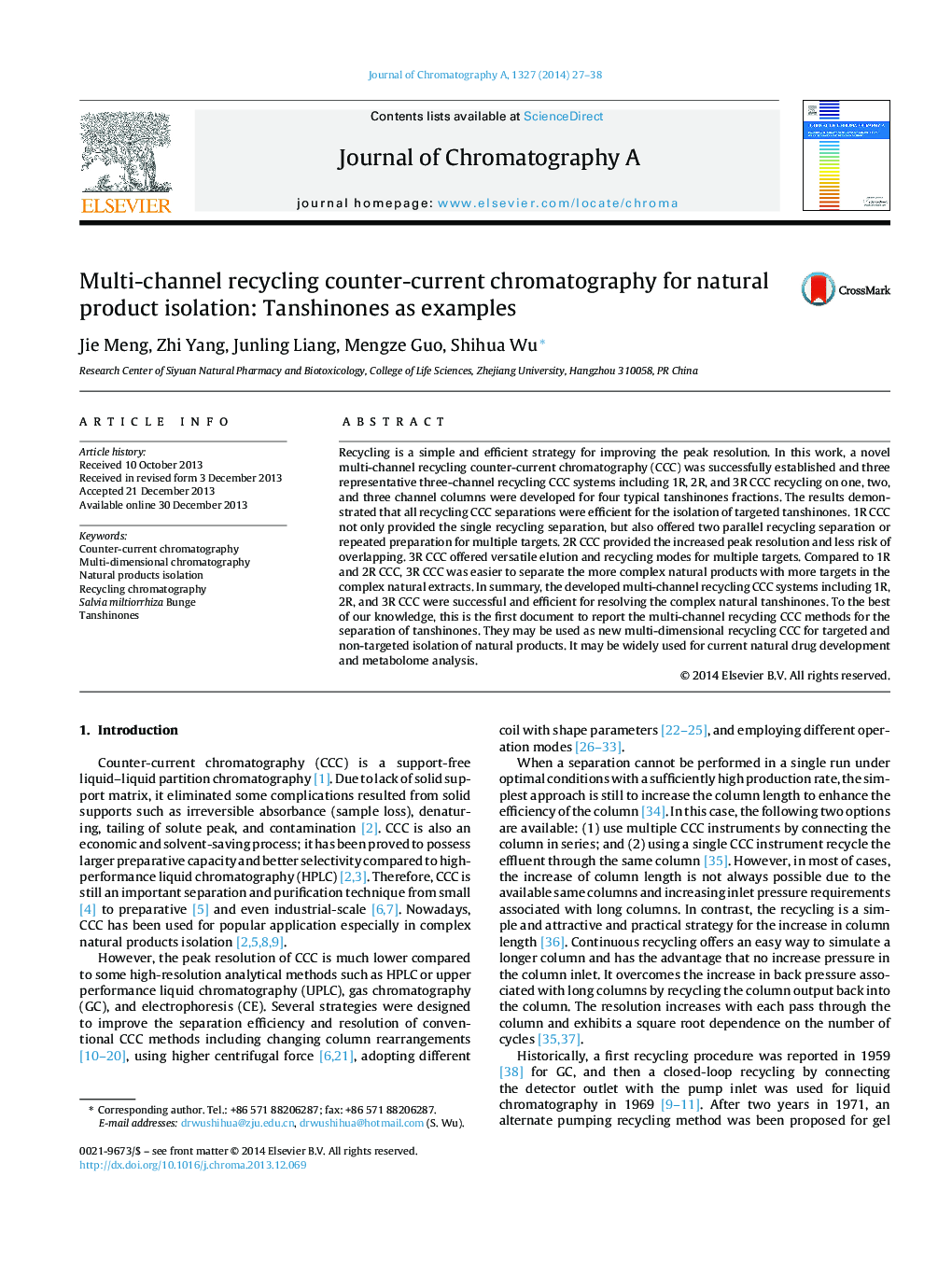 Multi-channel recycling counter-current chromatography for natural product isolation: Tanshinones as examples