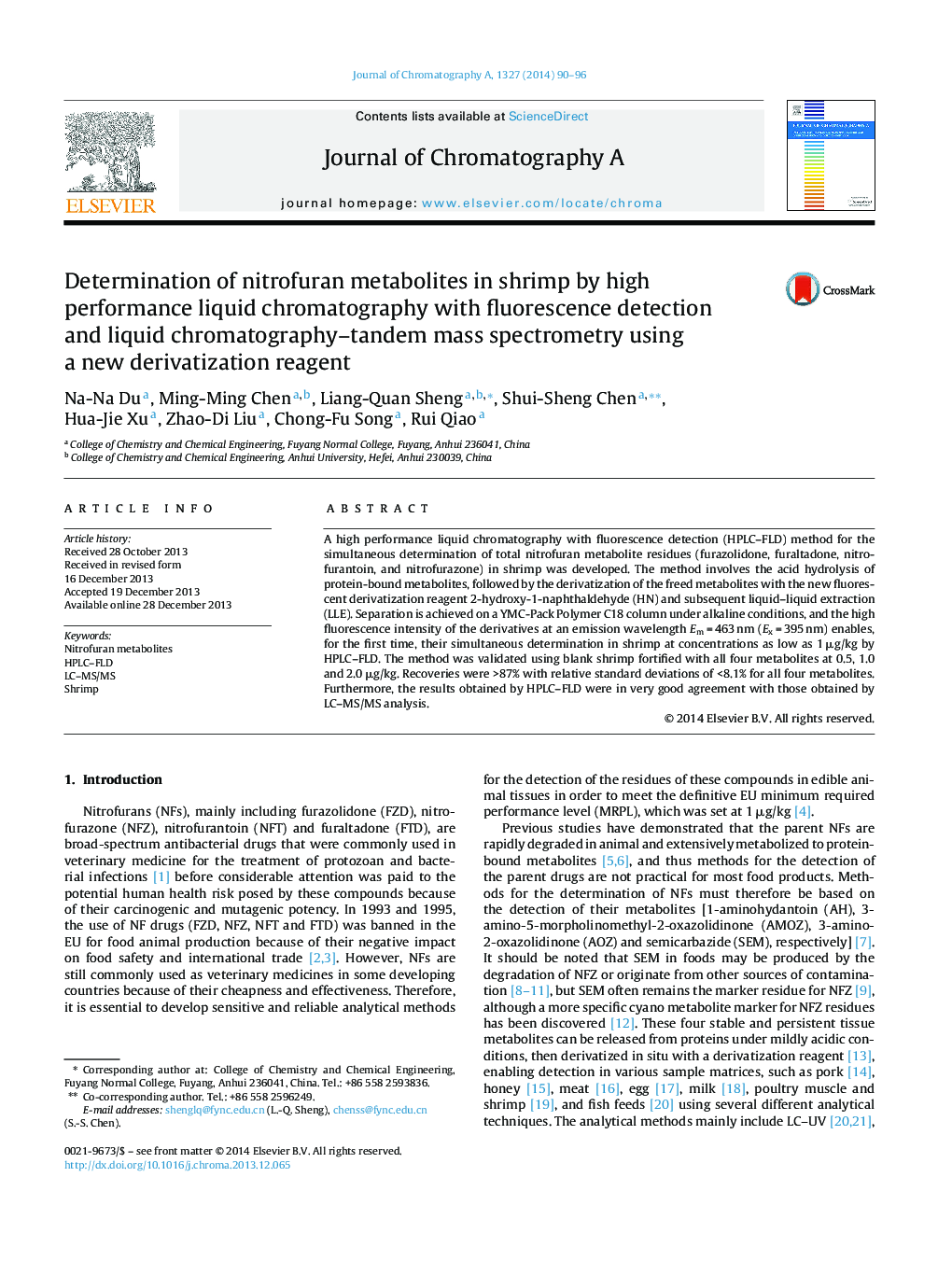 Determination of nitrofuran metabolites in shrimp by high performance liquid chromatography with fluorescence detection and liquid chromatography–tandem mass spectrometry using a new derivatization reagent