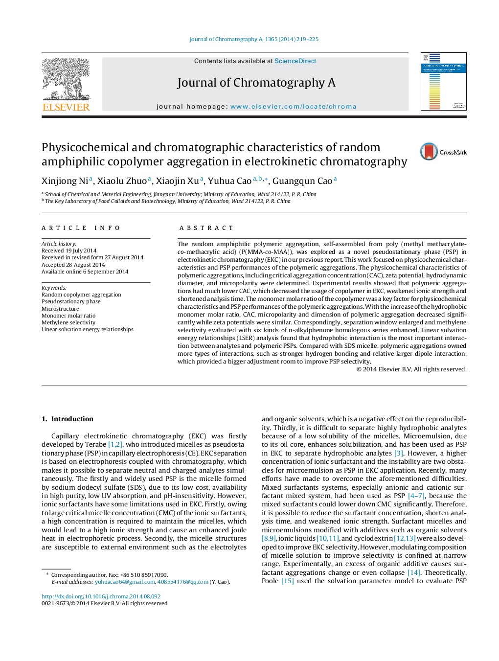 Physicochemical and chromatographic characteristics of random amphiphilic copolymer aggregation in electrokinetic chromatography