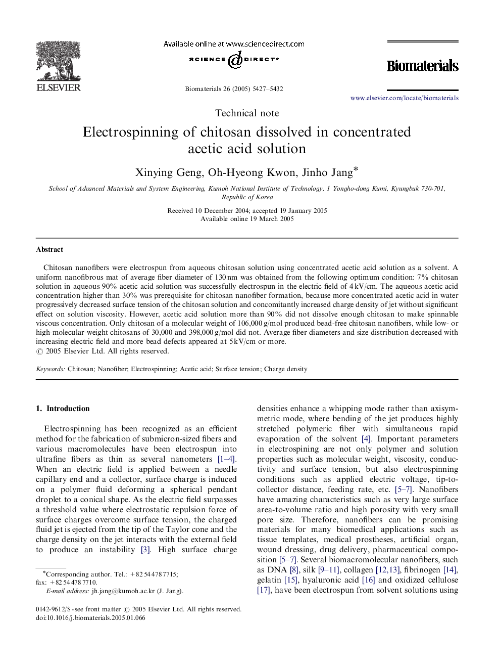 Electrospinning of chitosan dissolved in concentrated acetic acid solution