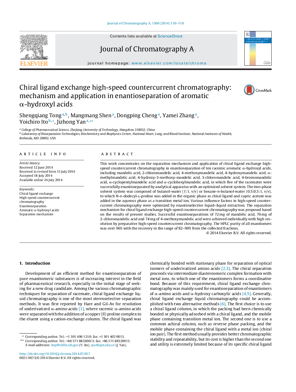 Chiral ligand exchange high-speed countercurrent chromatography: mechanism and application in enantioseparation of aromatic α-hydroxyl acids