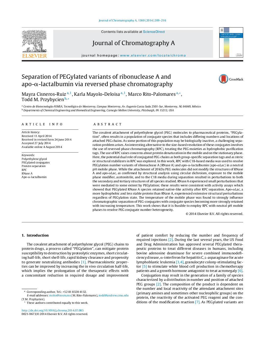عکس صفحه اول مقاله: Separation of PEGylated variants of ribonuclease A and apo-α-lactalbumin via reversed phase chromatography Separation of PEGylated variants of ribonuclease A and apo-α-lactalbumin via reversed phase chromatography