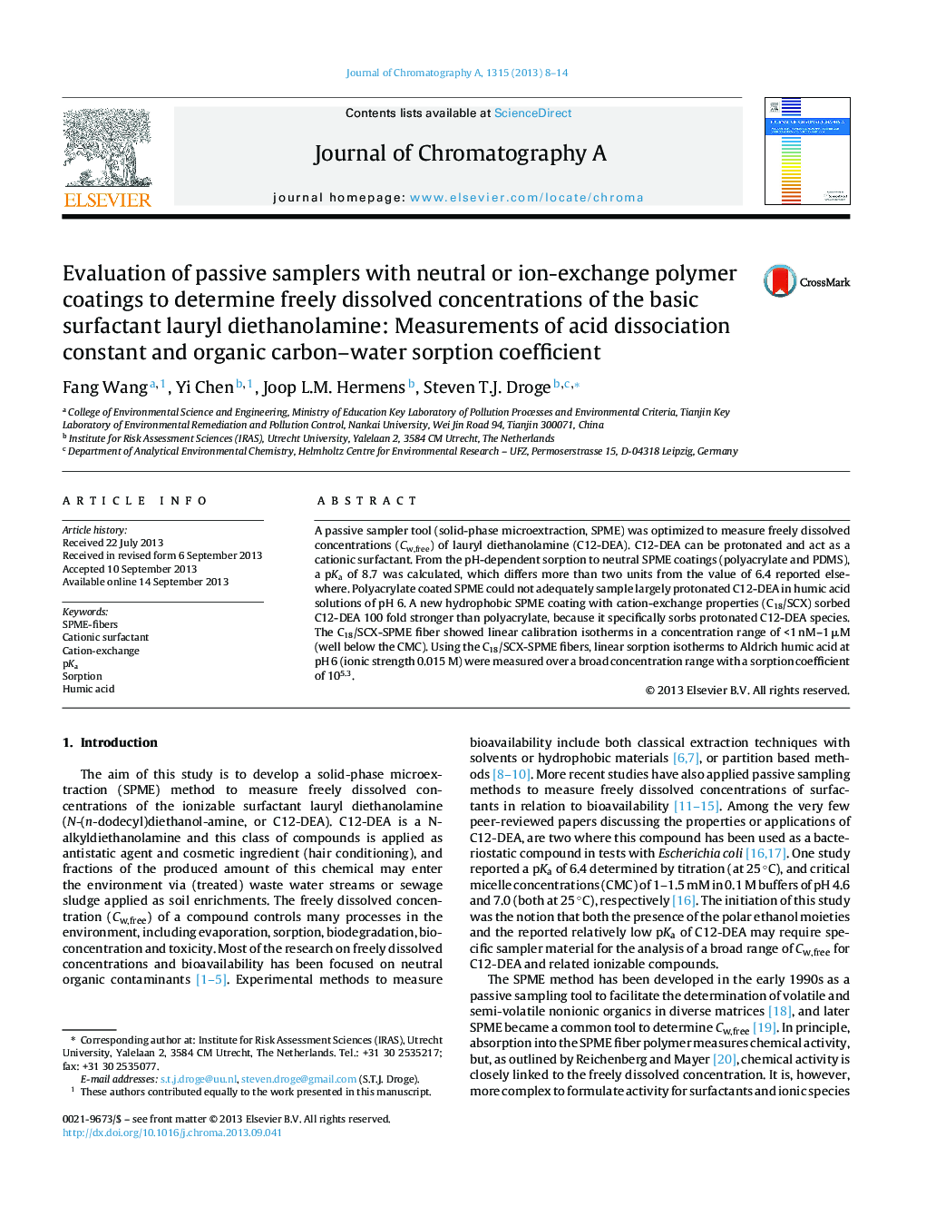 Evaluation of passive samplers with neutral or ion-exchange polymer coatings to determine freely dissolved concentrations of the basic surfactant lauryl diethanolamine: Measurements of acid dissociation constant and organic carbon–water sorption coefficie