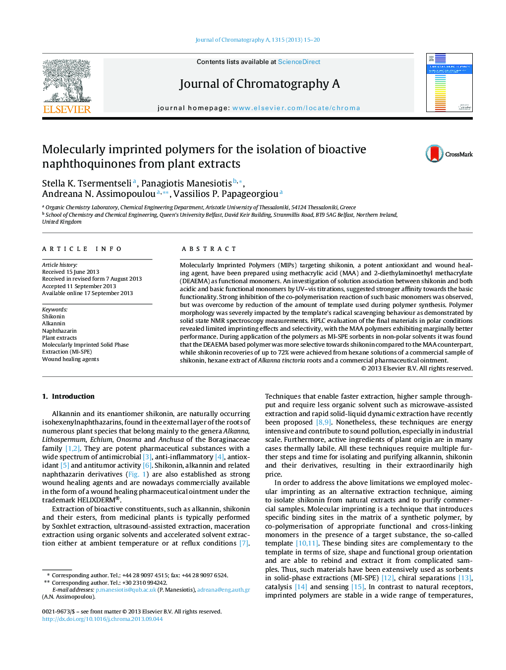 عکس صفحه اول مقاله: Molecularly imprinted polymers for the isolation of bioactive naphthoquinones from plant extracts Molecularly imprinted polymers for the isolation of bioactive naphthoquinones from plant extracts