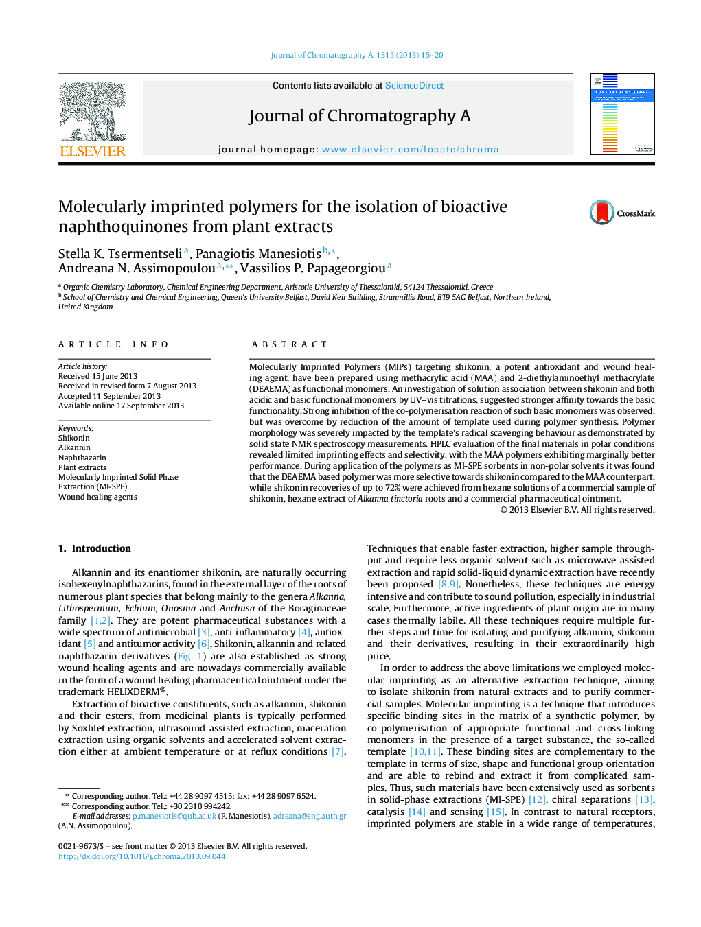 Molecularly imprinted polymers for the isolation of bioactive naphthoquinones from plant extracts