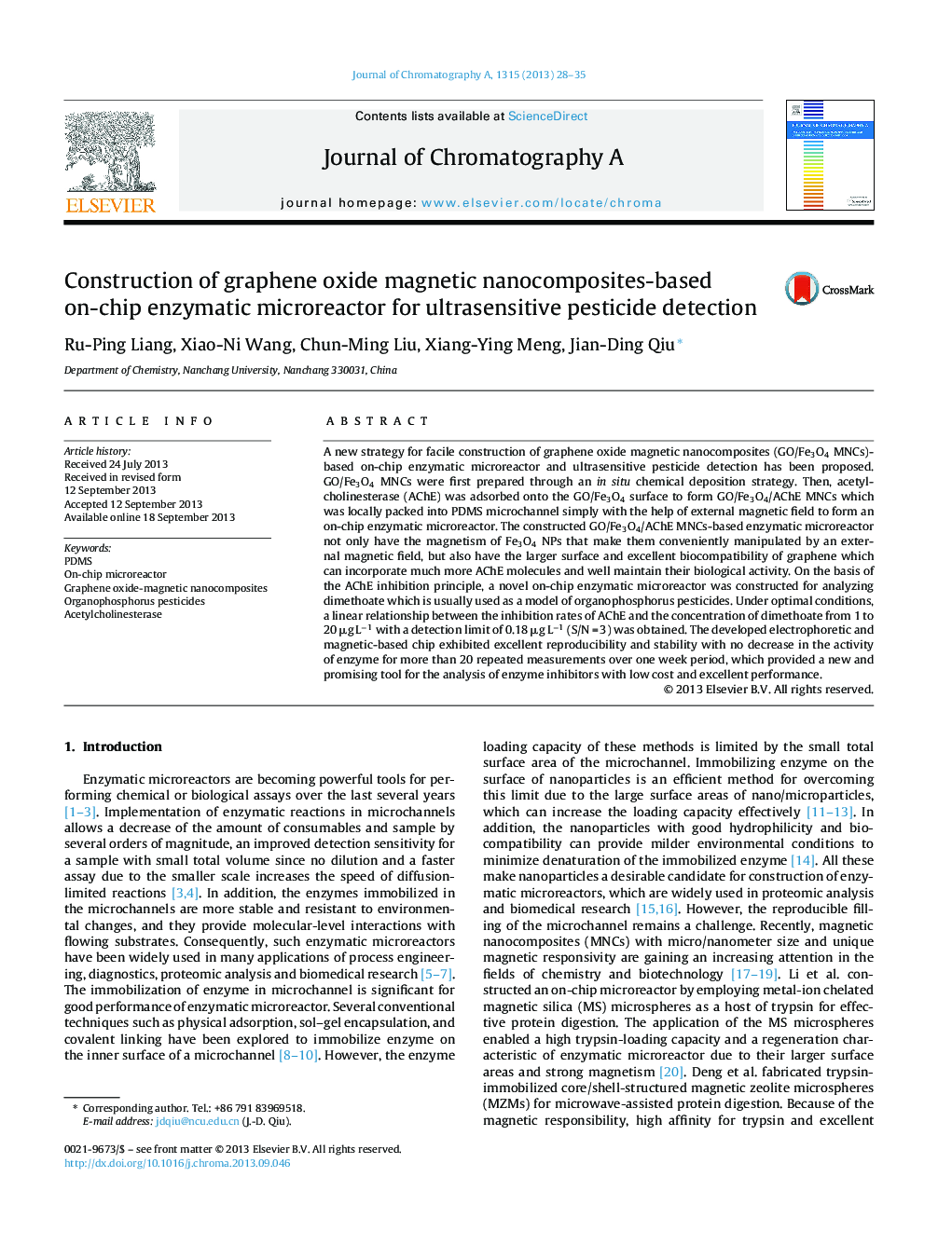 Construction of graphene oxide magnetic nanocomposites-based on-chip enzymatic microreactor for ultrasensitive pesticide detection