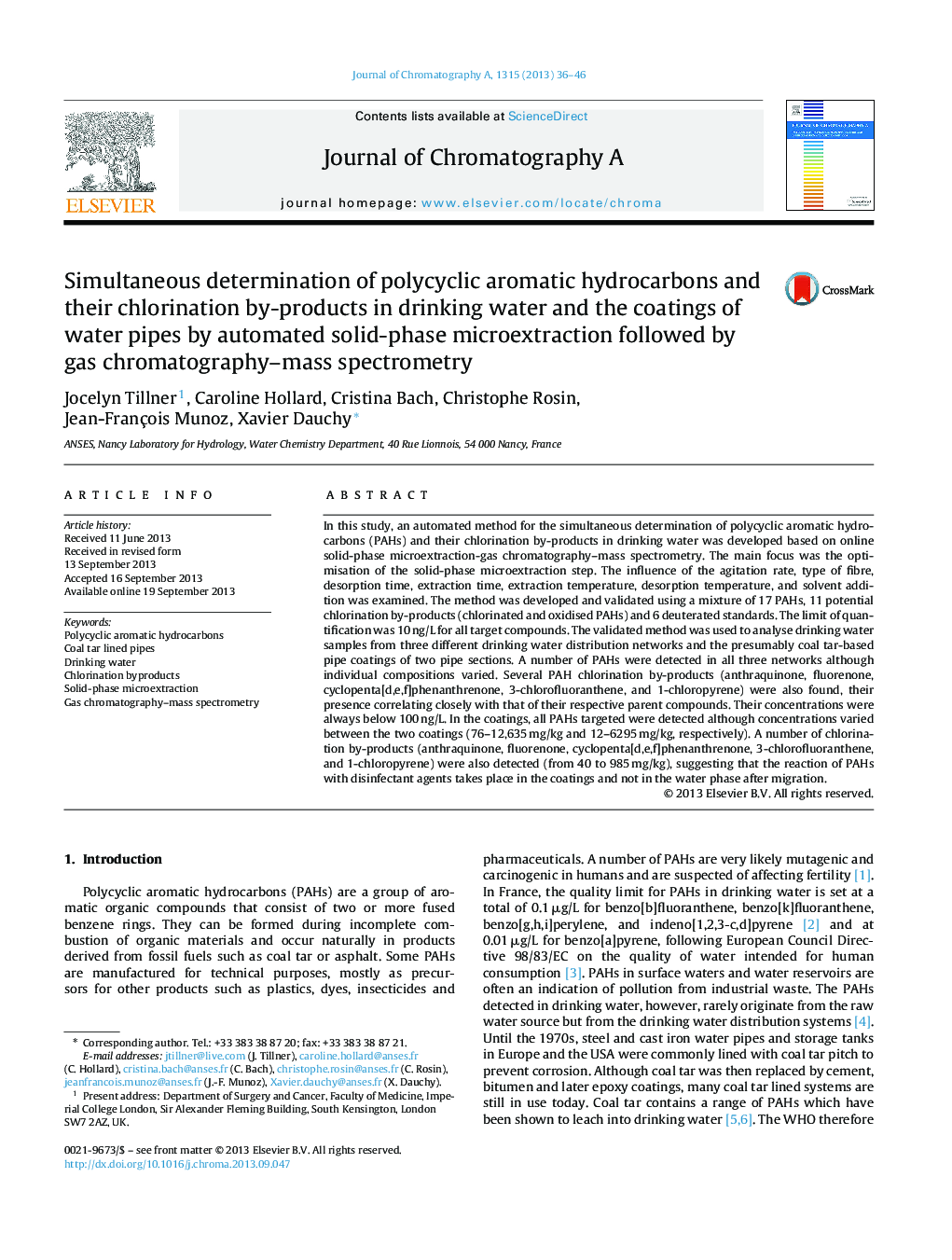 Simultaneous determination of polycyclic aromatic hydrocarbons and their chlorination by-products in drinking water and the coatings of water pipes by automated solid-phase microextraction followed by gas chromatography–mass spectrometry