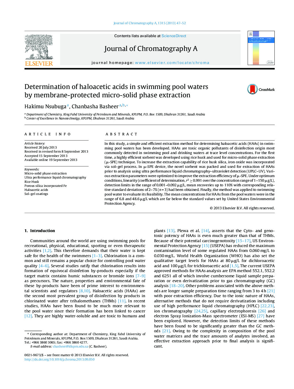 Determination of haloacetic acids in swimming pool waters by membrane-protected micro-solid phase extraction