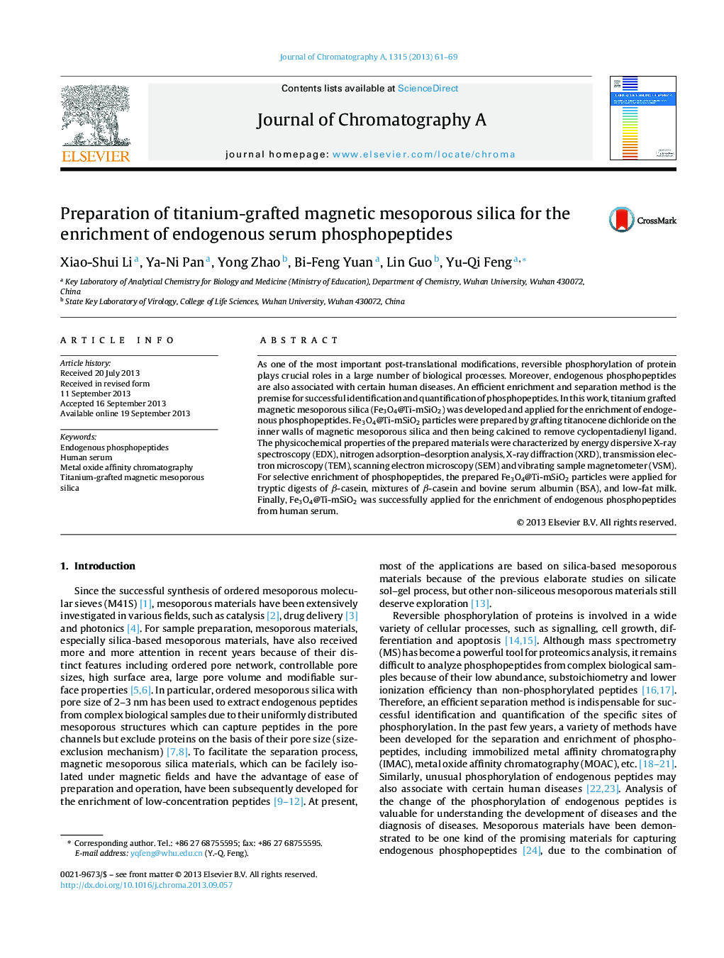 Preparation of titanium-grafted magnetic mesoporous silica for the enrichment of endogenous serum phosphopeptides