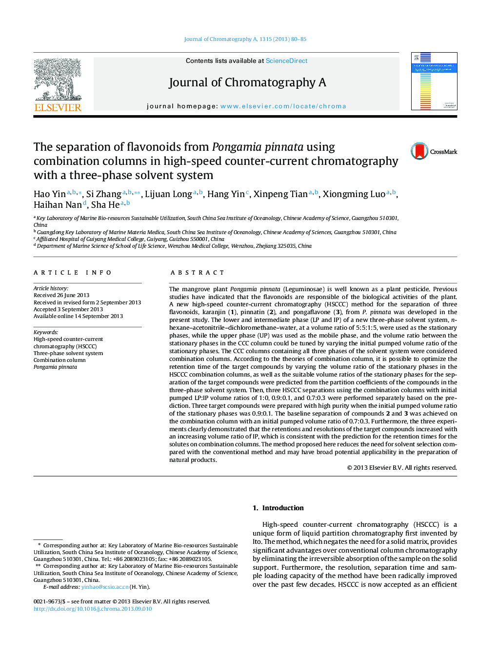 The separation of flavonoids from Pongamia pinnata using combination columns in high-speed counter-current chromatography with a three-phase solvent system