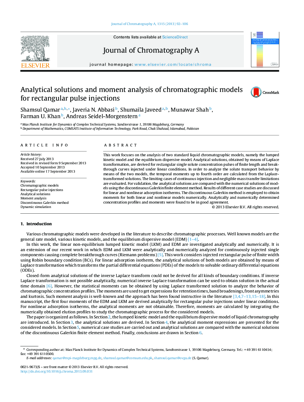 عکس صفحه اول مقاله: Analytical solutions and moment analysis of chromatographic models for rectangular pulse injections Analytical solutions and moment analysis of chromatographic models for rectangular pulse injections