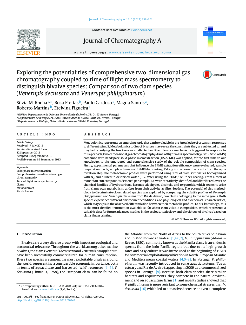 Exploring the potentialities of comprehensive two-dimensional gas chromatography coupled to time of flight mass spectrometry to distinguish bivalve species: Comparison of two clam species (Venerupis decussata and Venerupis philippinarum)