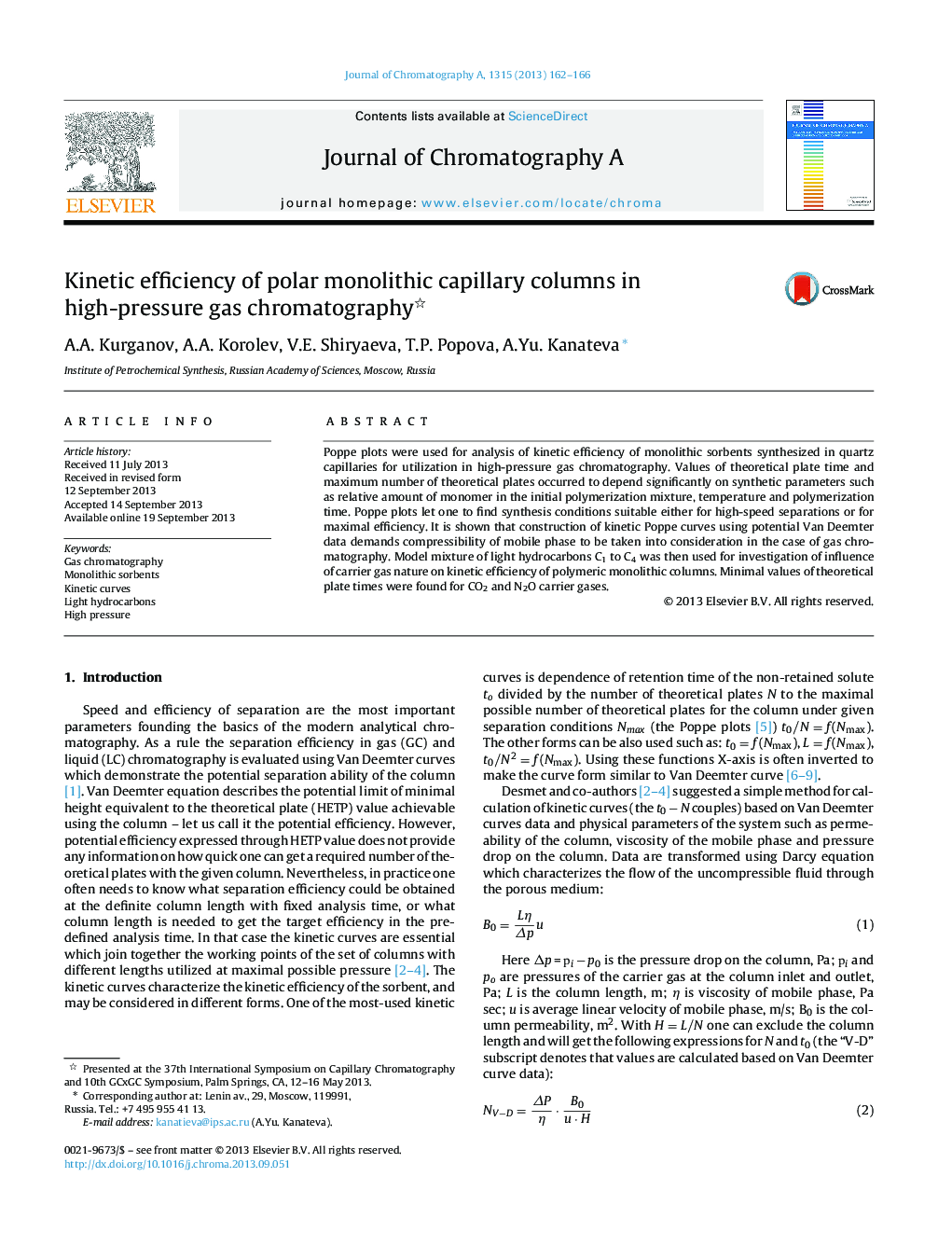 Kinetic efficiency of polar monolithic capillary columns in high-pressure gas chromatography 