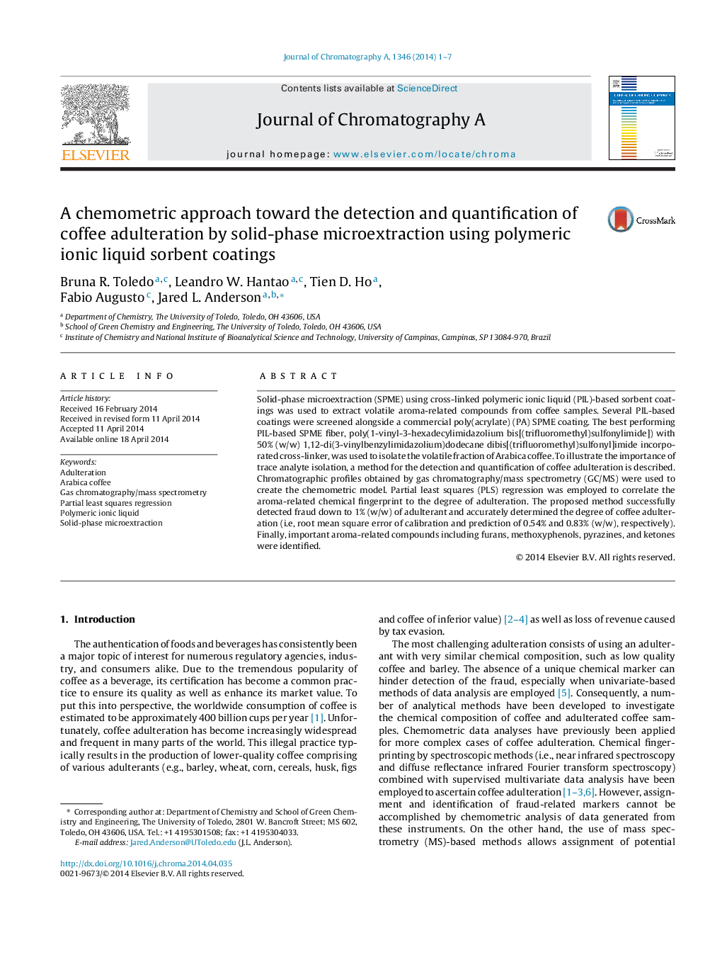 A chemometric approach toward the detection and quantification of coffee adulteration by solid-phase microextraction using polymeric ionic liquid sorbent coatings