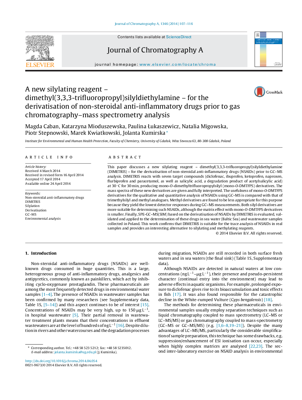 A new silylating reagent – dimethyl(3,3,3-trifluoropropyl)silyldiethylamine – for the derivatisation of non-steroidal anti-inflammatory drugs prior to gas chromatography–mass spectrometry analysis