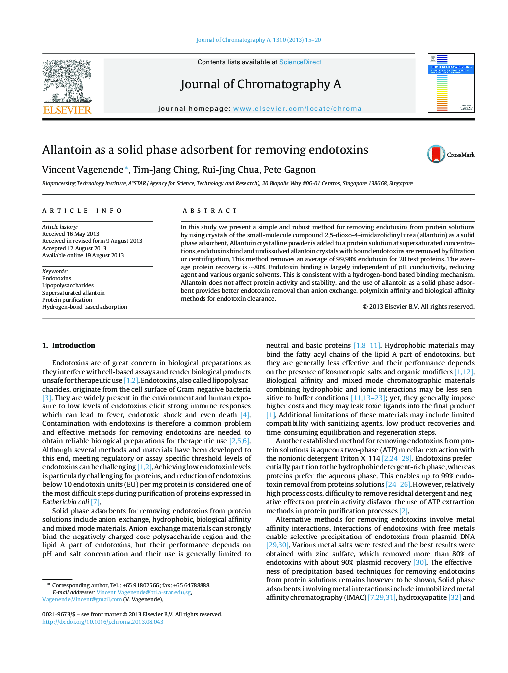 Allantoin as a solid phase adsorbent for removing endotoxins