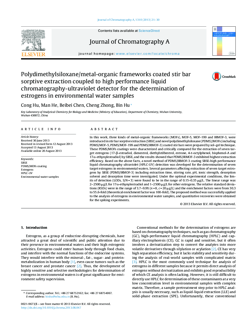 Polydimethylsiloxane/metal-organic frameworks coated stir bar sorptive extraction coupled to high performance liquid chromatography-ultraviolet detector for the determination of estrogens in environmental water samples