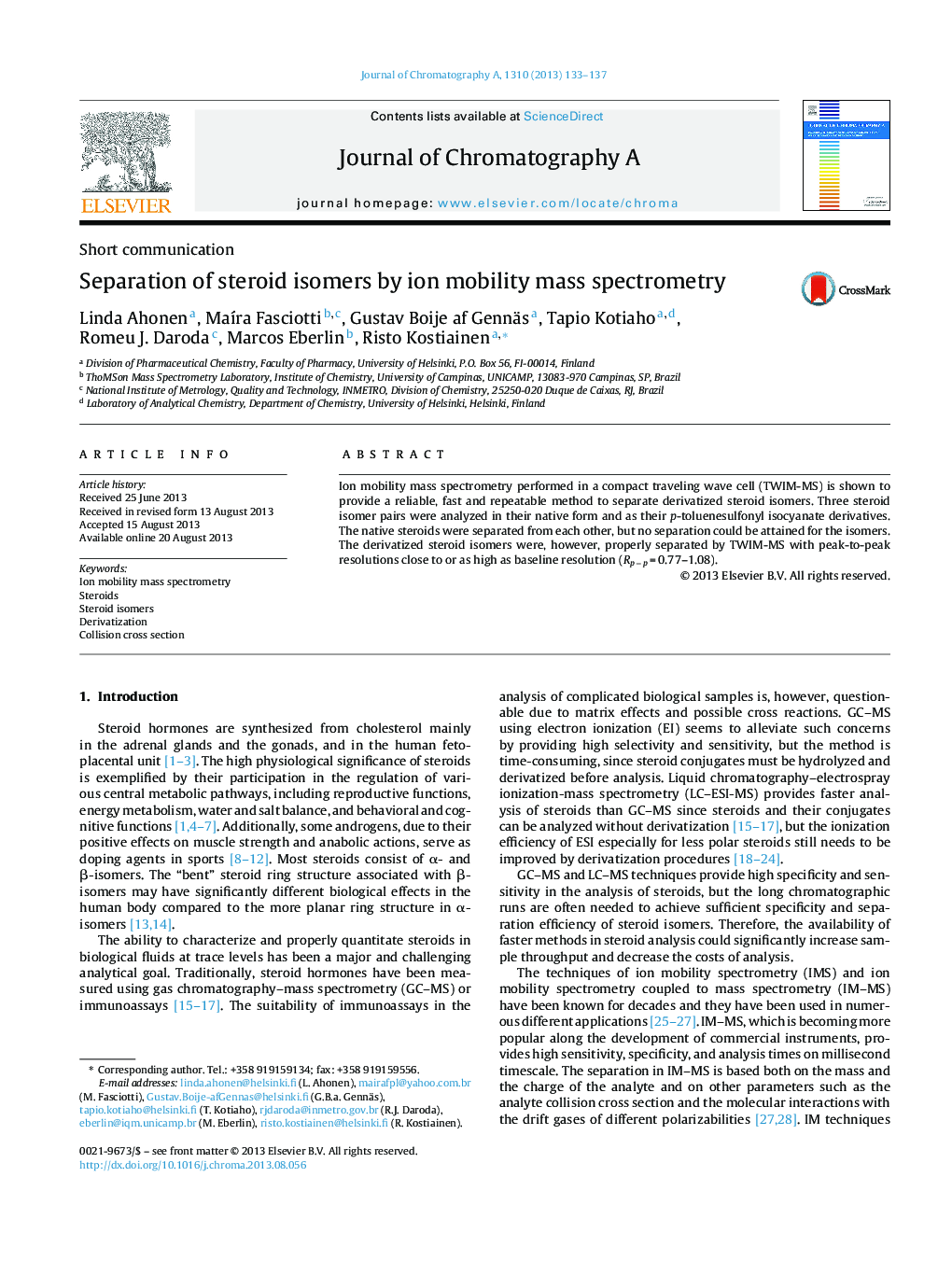 Separation of steroid isomers by ion mobility mass spectrometry