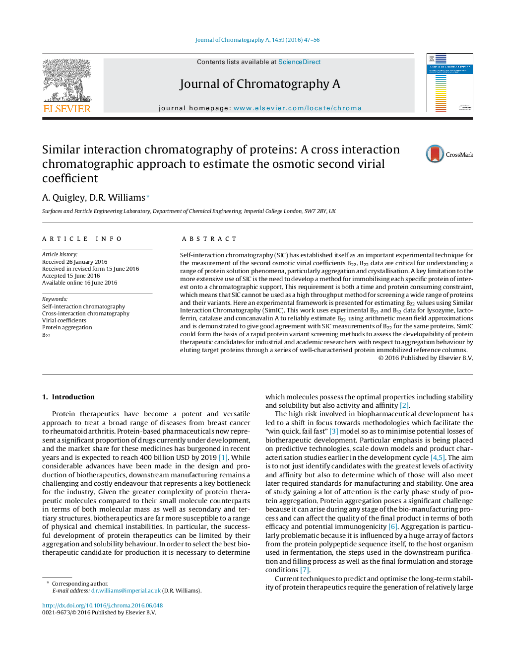 Similar interaction chromatography of proteins: A cross interaction chromatographic approach to estimate the osmotic second virial coefficient