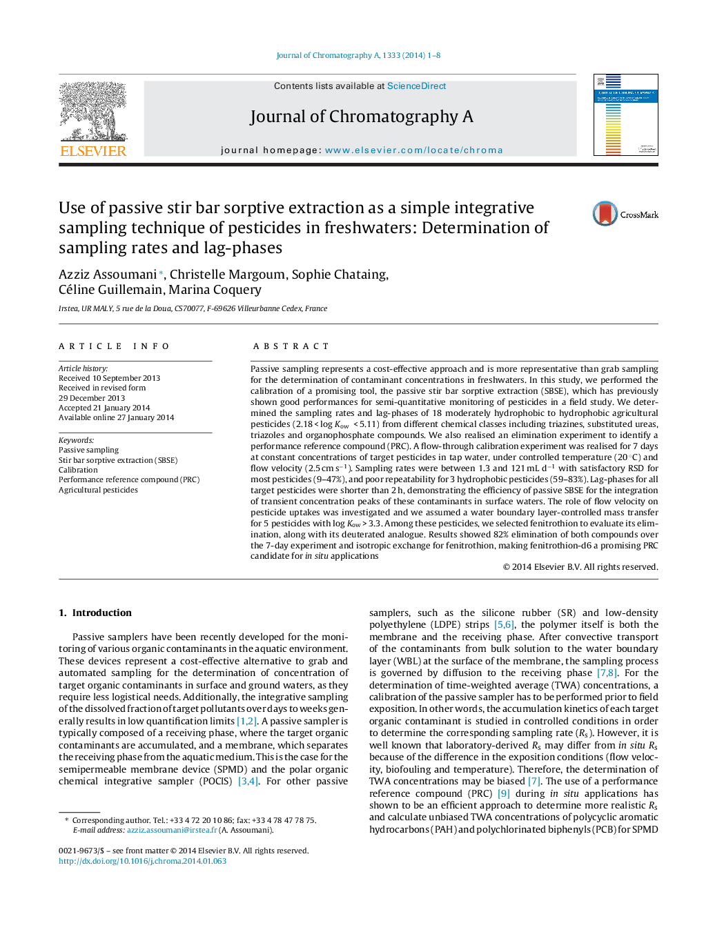 Use of passive stir bar sorptive extraction as a simple integrative sampling technique of pesticides in freshwaters: Determination of sampling rates and lag-phases