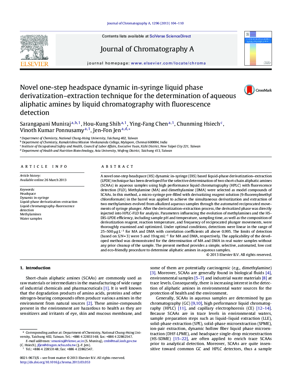 Novel one-step headspace dynamic in-syringe liquid phase derivatization–extraction technique for the determination of aqueous aliphatic amines by liquid chromatography with fluorescence detection