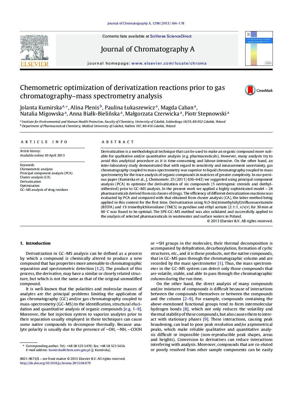 Chemometric optimization of derivatization reactions prior to gas chromatography–mass spectrometry analysis