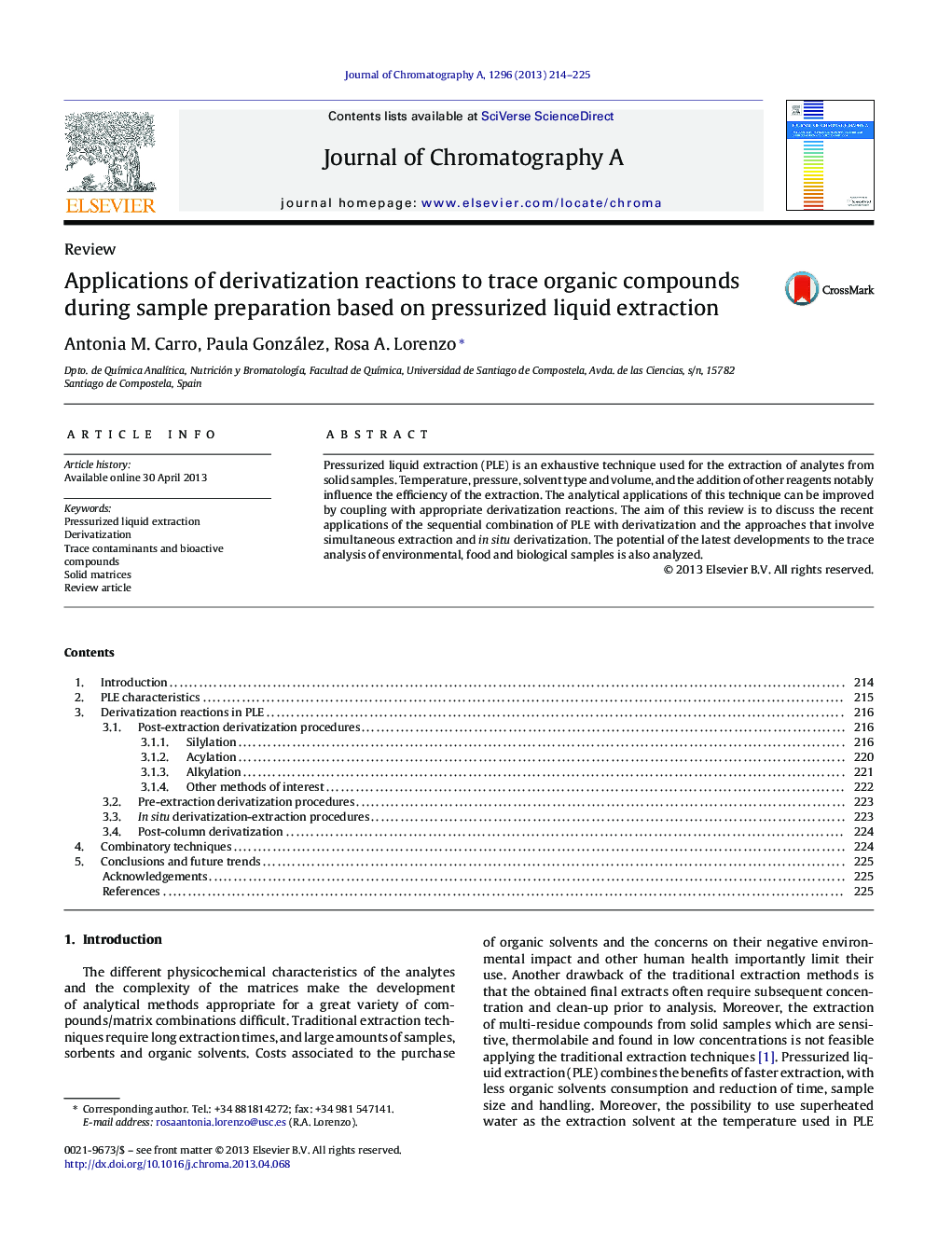 Applications of derivatization reactions to trace organic compounds during sample preparation based on pressurized liquid extraction