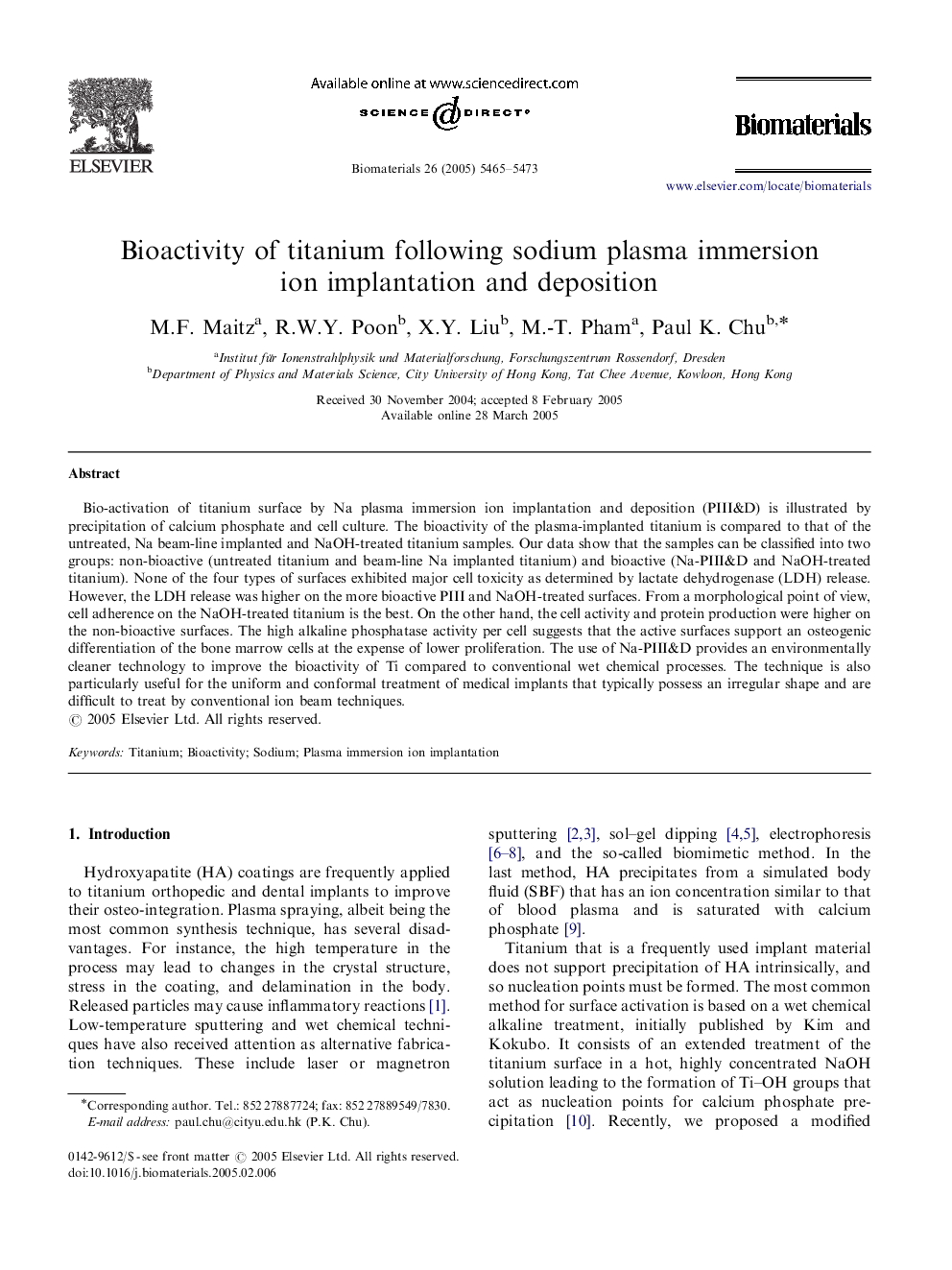 Bioactivity of titanium following sodium plasma immersion ion implantation and deposition