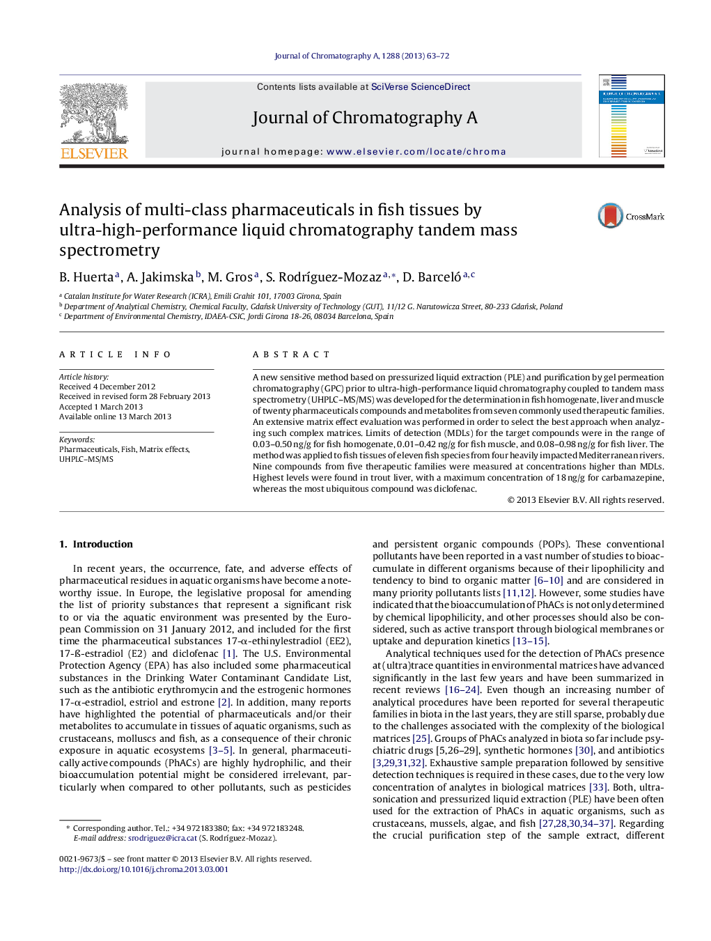 Analysis of multi-class pharmaceuticals in fish tissues by ultra-high-performance liquid chromatography tandem mass spectrometry