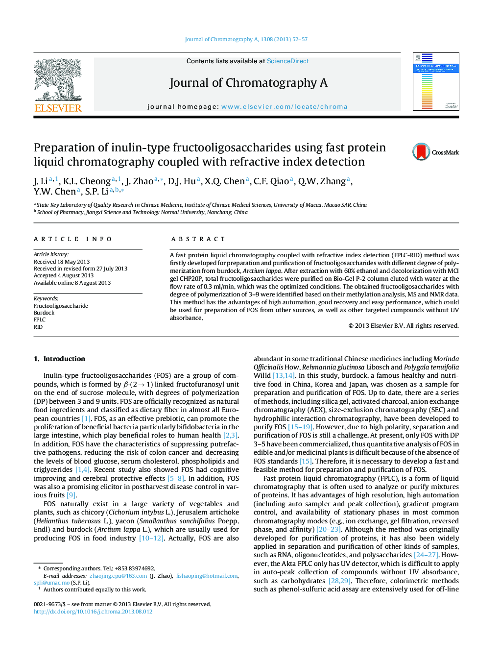 Preparation of inulin-type fructooligosaccharides using fast protein liquid chromatography coupled with refractive index detection