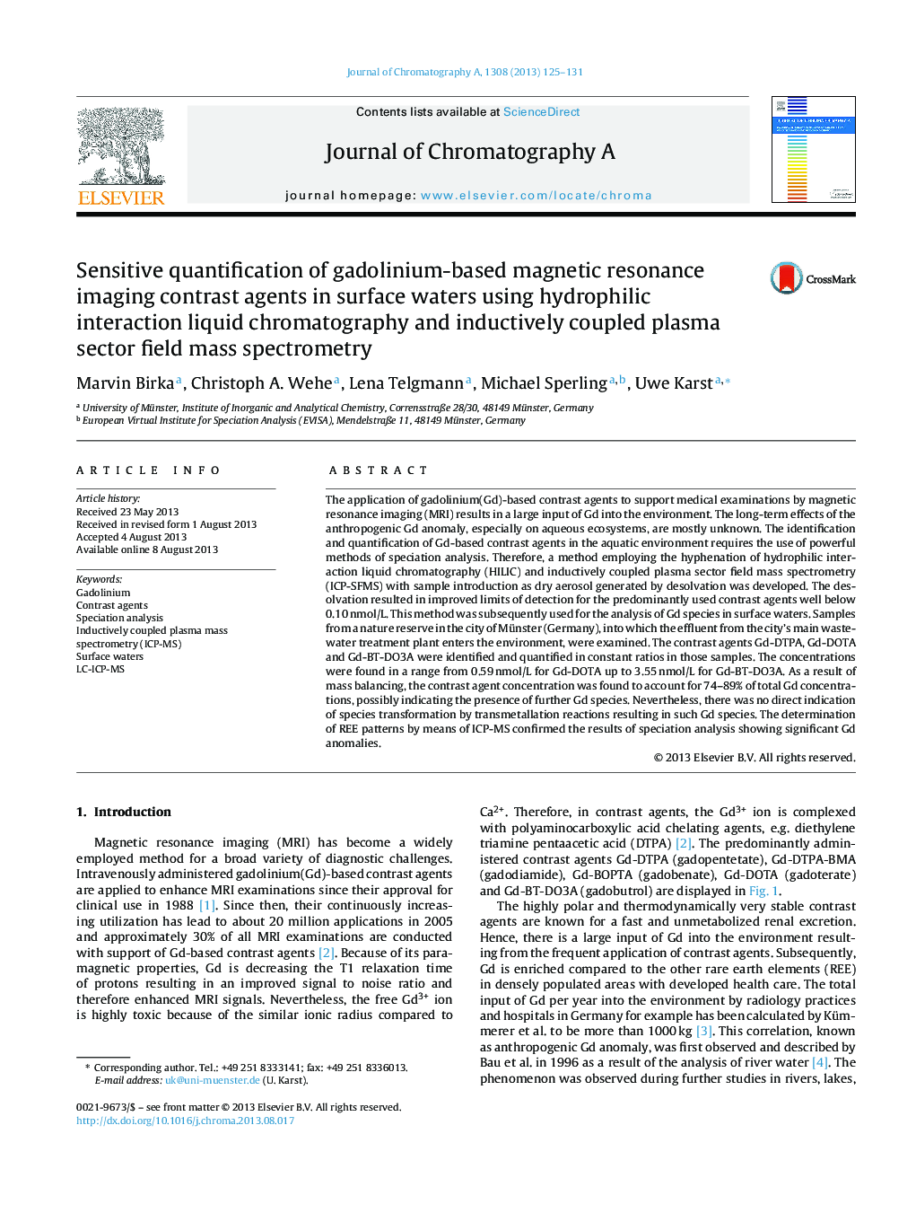 Sensitive quantification of gadolinium-based magnetic resonance imaging contrast agents in surface waters using hydrophilic interaction liquid chromatography and inductively coupled plasma sector field mass spectrometry