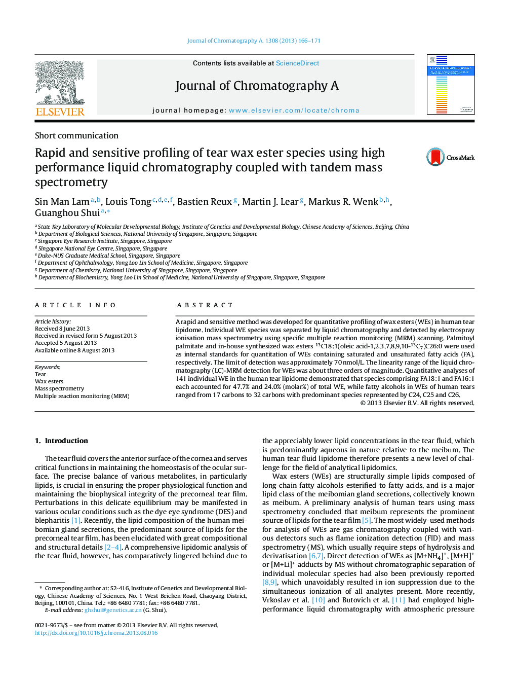 Rapid and sensitive profiling of tear wax ester species using high performance liquid chromatography coupled with tandem mass spectrometry